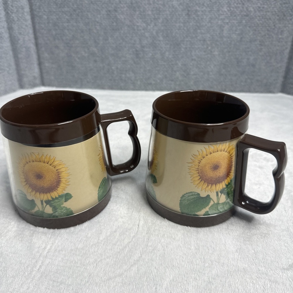 Vintage Cargill Thermo-Serv Mugs (2) Brown‎ With Sunflower Design USA
